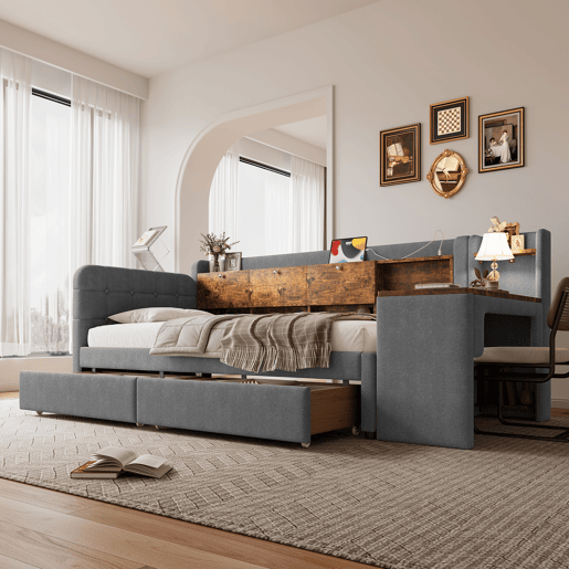 Sofá-cama 90x200 cm - Com 2 gavetas, secretária, USB + Tipo C, arrumação, linho, cinzento