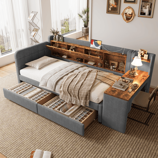 Sofá-cama 90x200 cm - Com 2 gavetas, secretária, USB + Tipo C, arrumação, linho, cinzento