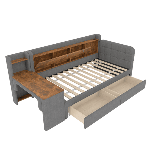Sofá-cama 90x200 cm - Com 2 gavetas, secretária, USB + Tipo C, arrumação, linho, cinzento