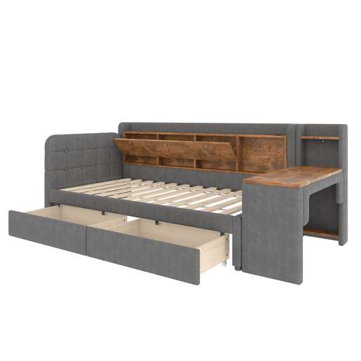 Sofá-cama 90x200 cm - Com 2 gavetas, secretária, USB + Tipo C, arrumação, linho, cinzento
