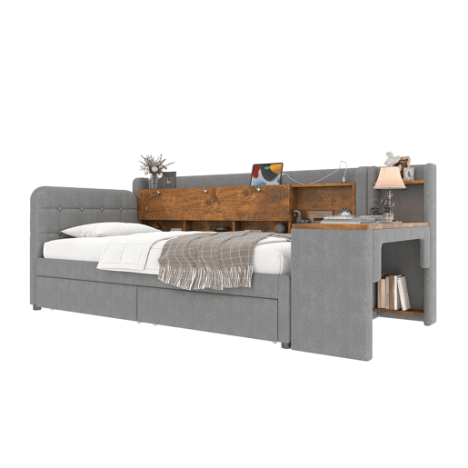 Sofá-cama 90x200 cm - Com 2 gavetas, secretária, USB + Tipo C, arrumação, linho, cinzento