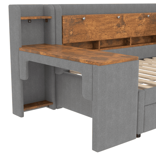 Sofá-cama 90x200 cm - Com 2 gavetas, secretária, USB + Tipo C, arrumação, linho, cinzento