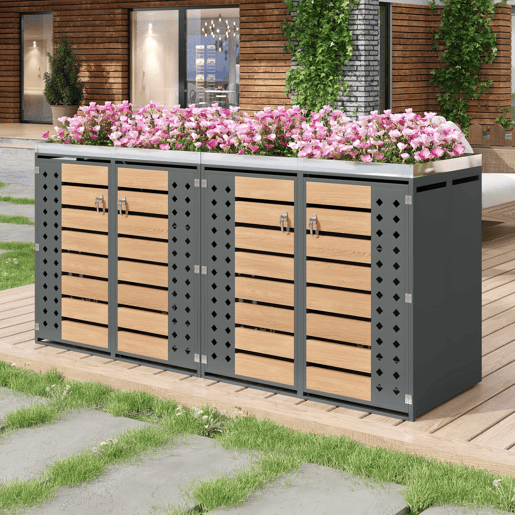 Caixa para lixo - Quatro portas, com painéis horizontais de madeira, compartimentos para armazenamento de lixo, fechadura, área para plantas, painel da porta com padrão de diamantes - Cinza, Madeira