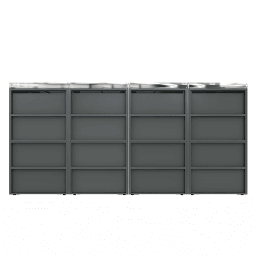 Caixa para lixo - Quatro portas, com painéis horizontais de madeira, compartimentos para armazenamento de lixo, fechadura, área para plantas, painel da porta com padrão de diamantes - Cinza, Madeira