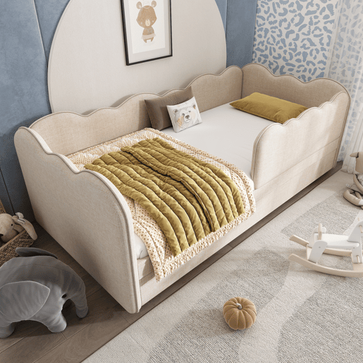 Cama Polsterbett 90x190 cm - Sofá-cama com cama extraível, com ripas, linho, bege