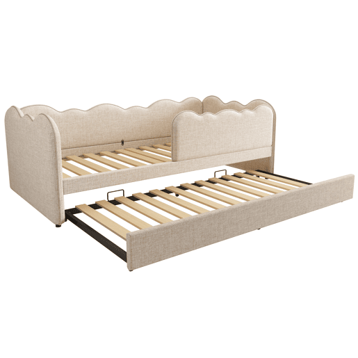 Cama Polsterbett 90x190 cm - Sofá-cama com cama extraível, com ripas, linho, bege