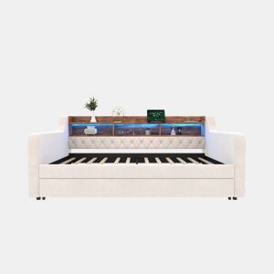 Sofá-cama 90x190 cm - Com arrumação, LED, USB-C, 12 ripas, estrutura em metal e madeira - Bege