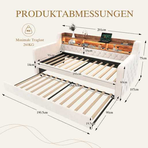 Sofá-cama 90x190 cm - Com arrumação, LED, USB-C, 12 ripas, estrutura em metal e madeira - Bege
