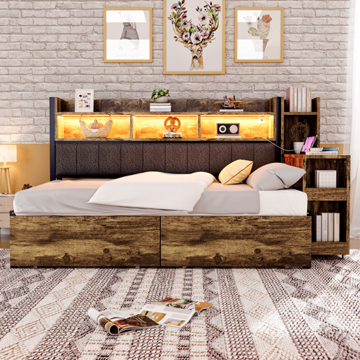 Sofá-cama 90x200 cm - Com arrumação, tomadas multifuncionais, LED e secretária extensível - Cor madeira