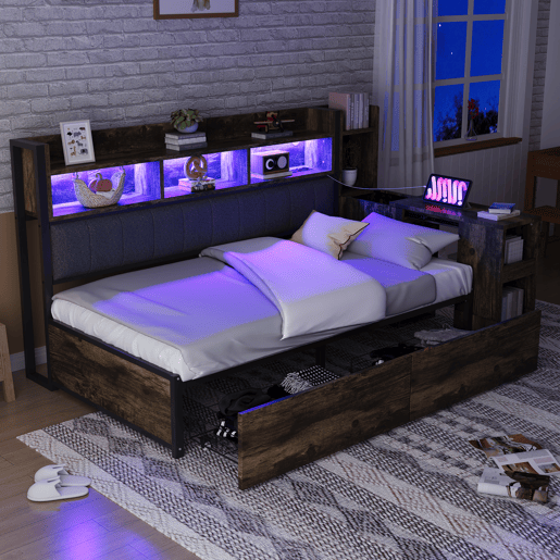 Sofá-cama 90x200 cm - Com arrumação, tomadas multifuncionais, LED e secretária extensível - Cor madeira