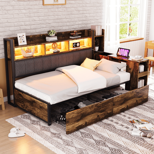Sofá-cama 90x200 cm - Com arrumação, tomadas multifuncionais, LED e secretária extensível - Cor madeira