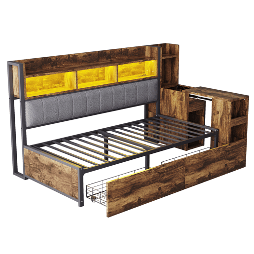Sofá-cama 90x200 cm - Com arrumação, tomadas multifuncionais, LED e secretária extensível - Cor madeira