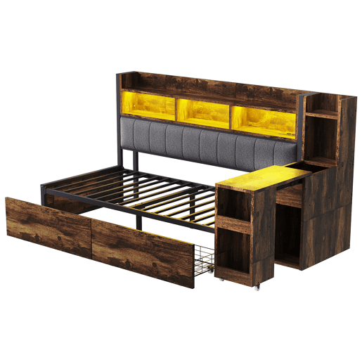 Sofá-cama 90x200 cm - Com arrumação, tomadas multifuncionais, LED e secretária extensível - Cor madeira
