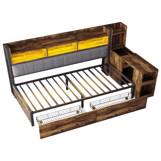 Sofá-cama 90x200 cm - Com arrumação, tomadas multifuncionais, LED e secretária extensível - Cor madeira