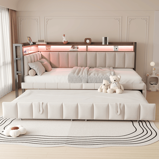 Sofá-cama 90x200 cm - Cama extraível, iluminação LED, portas USB e Tipo-C, bege