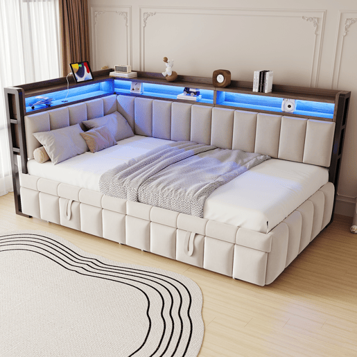 Sofá-cama 90x200 cm - Cama extraível, iluminação LED, portas USB e Tipo-C, bege
