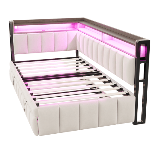 Sofá-cama 90x200 cm - Cama extraível, iluminação LED, portas USB e Tipo-C, bege