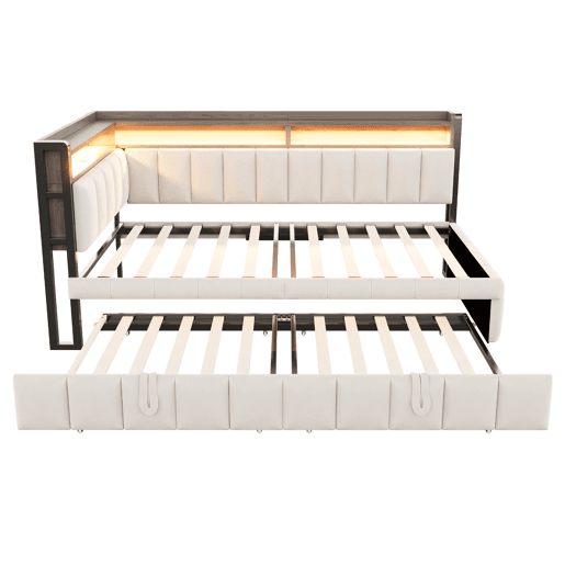 Sofá-cama 90x200 cm - Cama extraível, iluminação LED, portas USB e Tipo-C, bege
