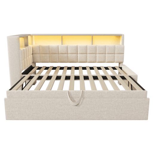 Cama individual 90x200 - Polipiel com LED, Bluetooth, USBType-C, cabeceira em L com arrumação - Bege Cama individual 90x200 - Polipiel com LED, Bluetooth, USBType-C, cabeceira em L com arrumação - Bege