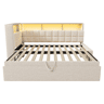 Cama individual 90x200 - Polipiel com LED, Bluetooth, USBType-C, cabeceira em L com arrumação - Bege