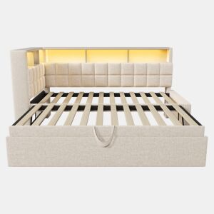 Cama individual 90x200 - Polipiel com LED, Bluetooth, USBType-C, cabeceira em L com arrumação - Bege