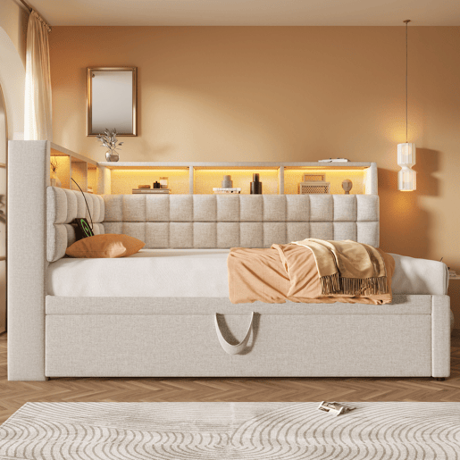 Cama individual 90x200 - Polipiel com LED, Bluetooth, USBType-C, cabeceira em L com arrumação - Bege Cama individual 90x200 - Polipiel com LED, Bluetooth, USBType-C, cabeceira em L com arrumação - Bege