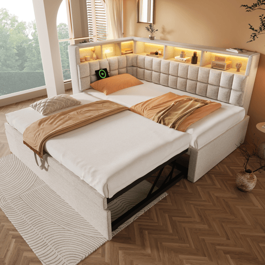 Cama individual 90x200 - Polipiel com LED, Bluetooth, USBType-C, cabeceira em L com arrumação - Bege Cama individual 90x200 - Polipiel com LED, Bluetooth, USBType-C, cabeceira em L com arrumação - Bege