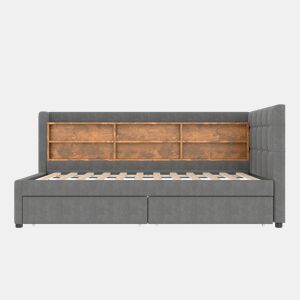 Daybett 90x200 cm - Sofá-cama com 2 gavetas, USB, Tipo C, prateleiras - Cinza