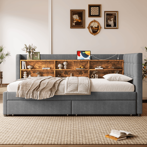 Daybett 90x200 cm - Sofá-cama com 2 gavetas, USB, Tipo C, prateleiras - Cinza