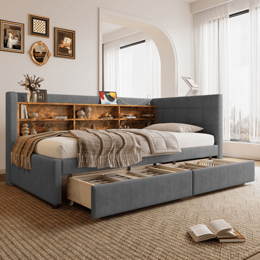Daybett 90x200 cm - Sofá-cama com 2 gavetas, USB, Tipo C, prateleiras - Cinza