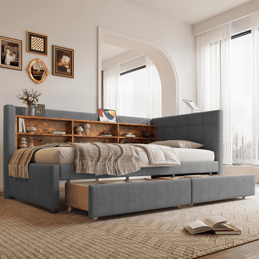 Daybett 90x200 cm - Sofá-cama com 2 gavetas, USB, Tipo C, prateleiras - Cinza