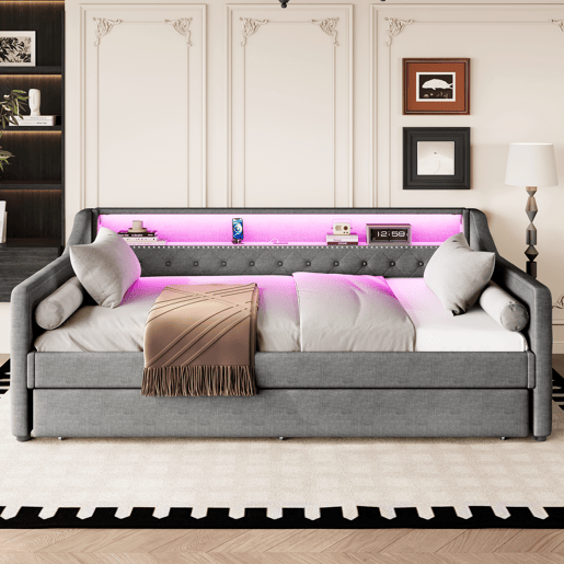 Cama de dia, 90x200 cm - Sofá-cama, com estrado de ripas, luz ambiente com comando, cama extensível, porta USB - Cinza