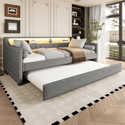 Cama de dia, 90x200 cm - Sofá-cama, com estrado de ripas, luz ambiente com comando, cama extensível, porta USB - Cinza