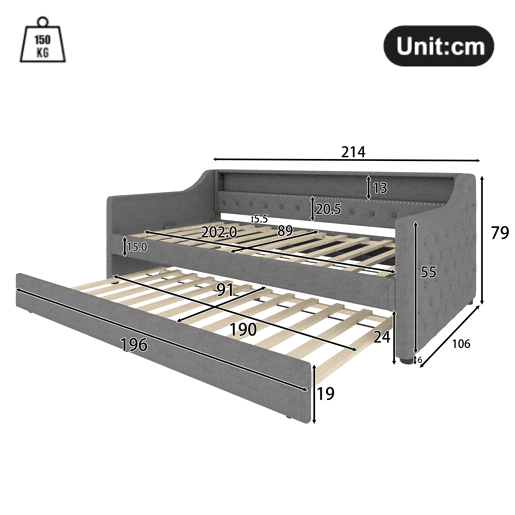 Cama de dia, 90x200 cm - Sofá-cama, com estrado de ripas, luz ambiente com comando, cama extensível, porta USB - Cinza