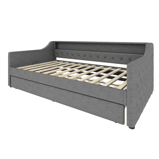 Cama de dia, 90x200 cm - Sofá-cama, com estrado de ripas, luz ambiente com comando, cama extensível, porta USB - Cinza