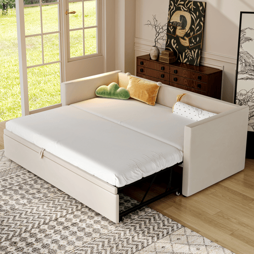 Sofá-cama 90180*200 cm - Com estrados, multifuncional, tecido de veludo bege