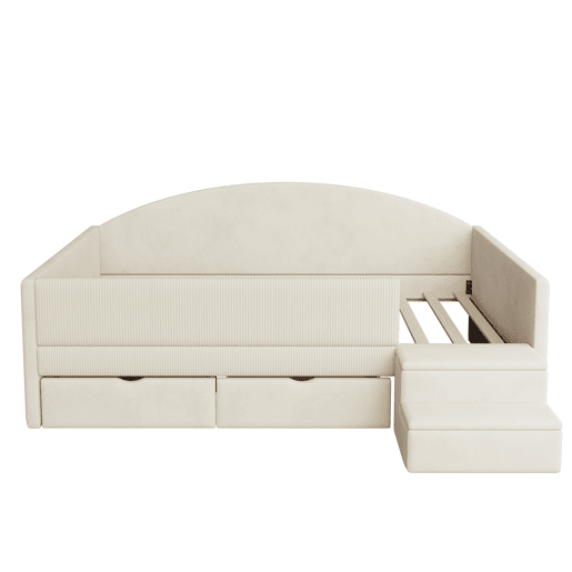 Cama multifuncional 90x190 cm - Com duas gavetas, com escadas, tecido de veludo, sem colchão - Bege Cama multifuncional 90x190 cm - Com duas gavetas, com escadas, tecido de veludo, sem colchão - Bege