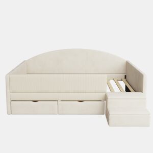 Cama multifuncional 90x190 cm - Com duas gavetas, com escadas, tecido de veludo, sem colchão - Bege