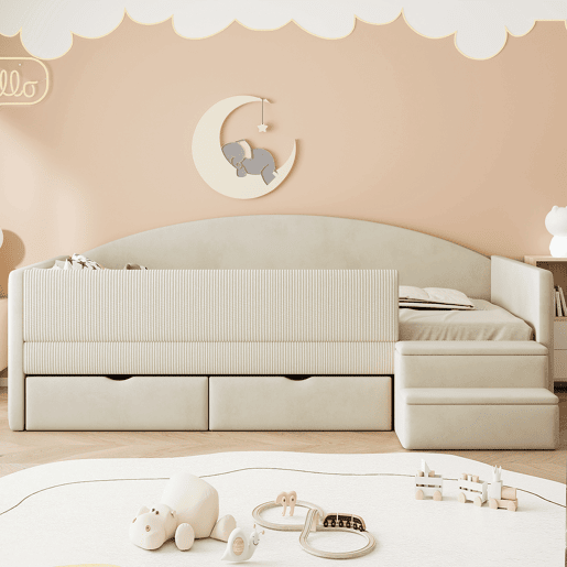 Cama multifuncional 90x190 cm - Com duas gavetas, com escadas, tecido de veludo, sem colchão - Bege Cama multifuncional 90x190 cm - Com duas gavetas, com escadas, tecido de veludo, sem colchão - Bege