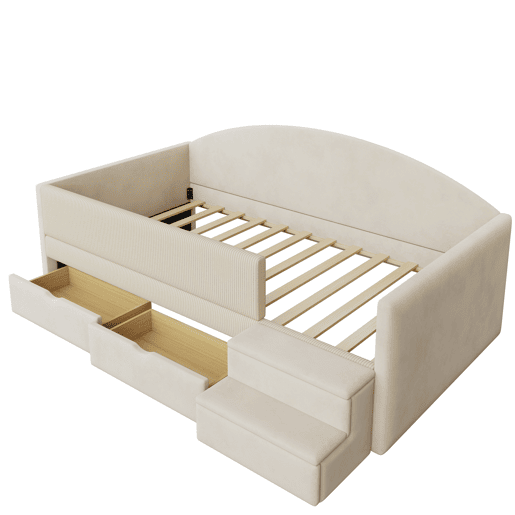 Cama multifuncional 90x190 cm - Com duas gavetas, com escadas, tecido de veludo, sem colchão - Bege Cama multifuncional 90x190 cm - Com duas gavetas, com escadas, tecido de veludo, sem colchão - Bege