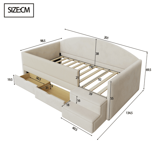 Cama multifuncional 90x190 cm - Com duas gavetas, com escadas, tecido de veludo, sem colchão - Bege Cama multifuncional 90x190 cm - Com duas gavetas, com escadas, tecido de veludo, sem colchão - Bege