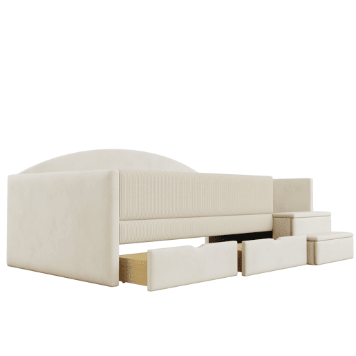 Cama multifuncional 90x190 cm - Com duas gavetas, com escadas, tecido de veludo, sem colchão - Bege Cama multifuncional 90x190 cm - Com duas gavetas, com escadas, tecido de veludo, sem colchão - Bege