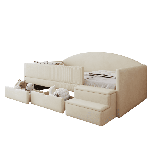 Cama multifuncional 90x190 cm - Com duas gavetas, com escadas, tecido de veludo, sem colchão - Bege Cama multifuncional 90x190 cm - Com duas gavetas, com escadas, tecido de veludo, sem colchão - Bege