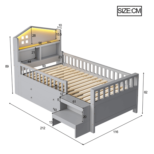 Cama infantil 90x200 cm - Com grade de segurança, 4 gavetas, degraus, luzes LED, portas USB e Tipo-C, com estrado, madeira maciça, cinza