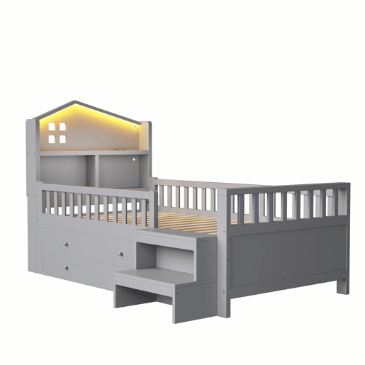 Cama infantil 90x200 cm - Com grade de segurança, 4 gavetas, degraus, luzes LED, portas USB e Tipo-C, com estrado, madeira maciça, cinza