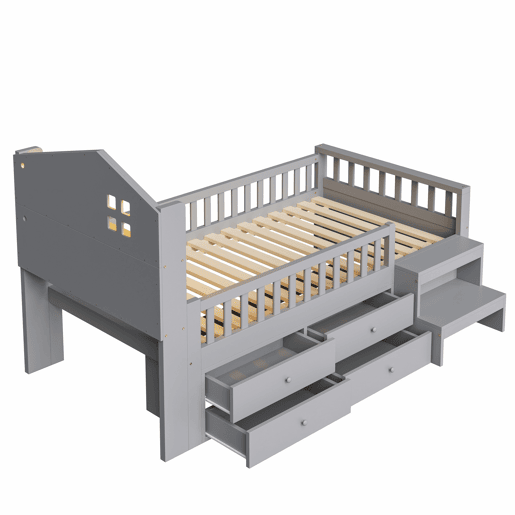 Cama infantil 90x200 cm - Com grade de segurança, 4 gavetas, degraus, luzes LED, portas USB e Tipo-C, com estrado, madeira maciça, cinza