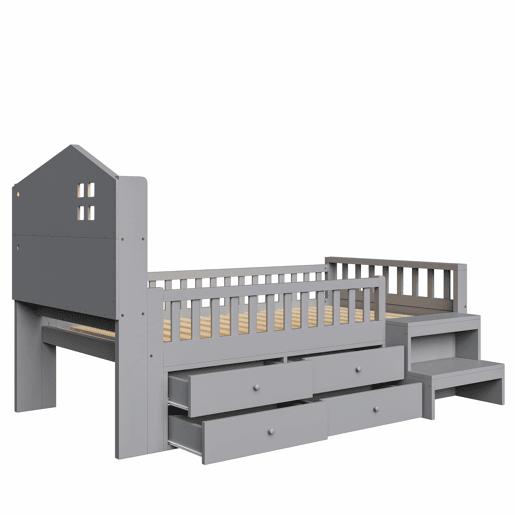 Cama infantil 90x200 cm - Com grade de segurança, 4 gavetas, degraus, luzes LED, portas USB e Tipo-C, com estrado, madeira maciça, cinza