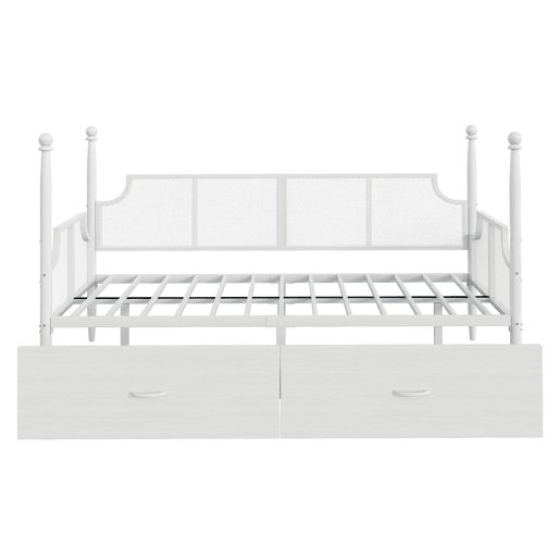 Sofá-cama 90x200 - Encosto em malha, braços estilo vintage, estrutura metálica com compartimentos - Branco