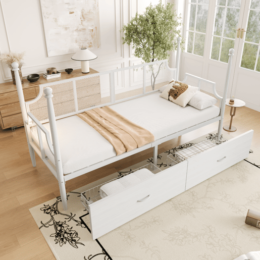 Sofá-cama 90x200 - Encosto em malha, braços estilo vintage, estrutura metálica com compartimentos - Branco