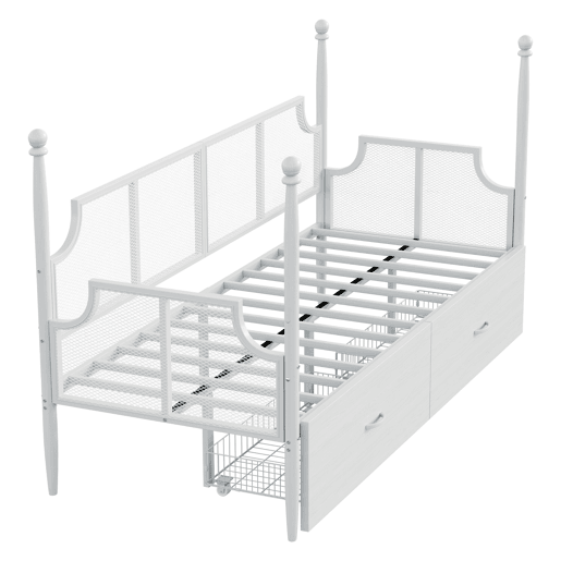 Sofá-cama 90x200 - Encosto em malha, braços estilo vintage, estrutura metálica com compartimentos - Branco